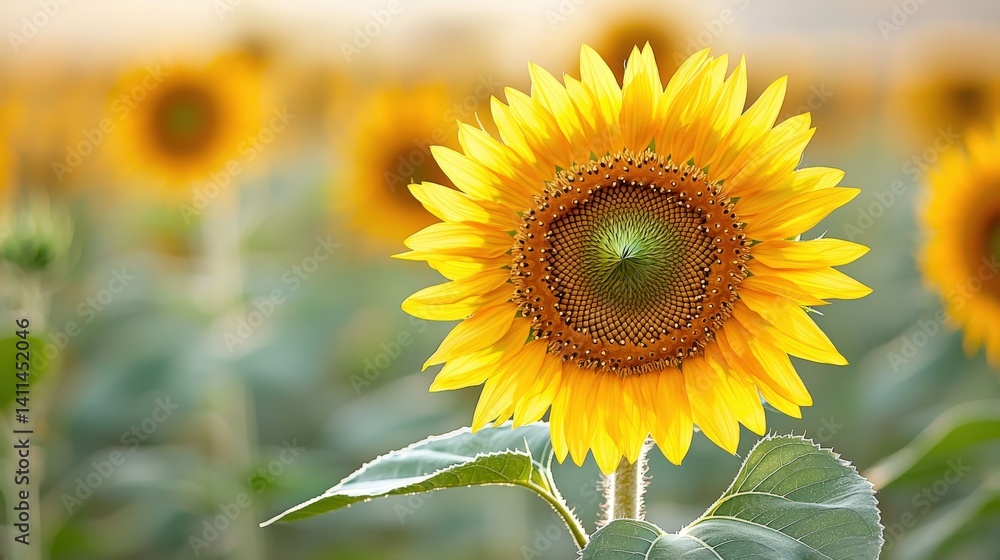 Fototapeta premium A vibrant sunflower stands prominently, surrounded by a field of sunflowers, showcasing its bright yellow petals and intricate seed pattern.