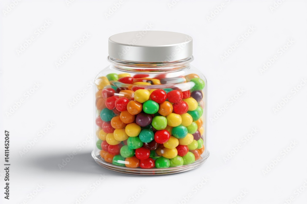 Colorful round candies in a clear glass jar. Colorful round candies in a clear glass jar.