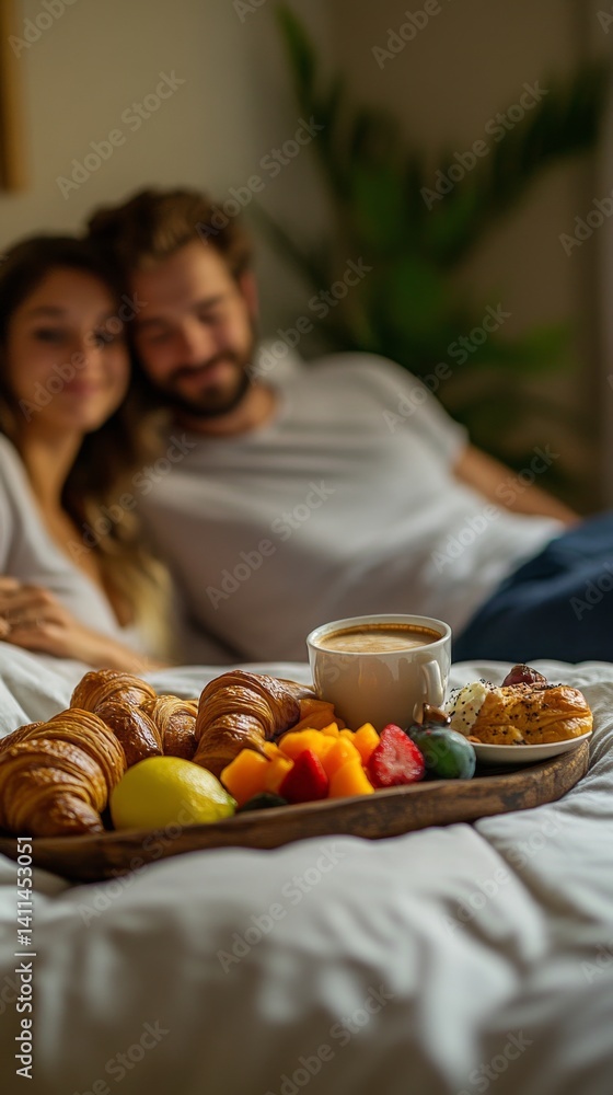 A cozy breakfast in bed captures a couple enjoying a delightful morning together. Fresh croissants and fruits create a perfect romantic atmosphere. Generative AI