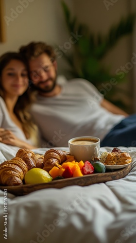 Obraz na płótnie A cozy breakfast in bed captures a couple enjoying a delightful morning together. Fresh croissants and fruits create a perfect romantic atmosphere. Generative AI w salonie