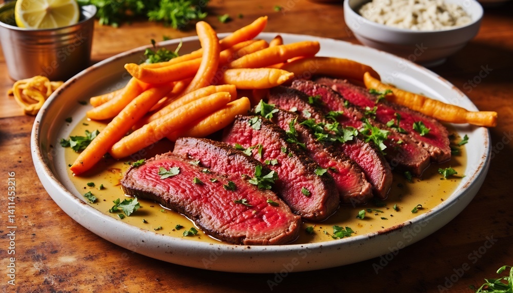 Sliced Beef Tenderloin With Carrot Fries Gourmet Meal Sliced Beef Tenderloin With Carrot Fries Gourmet Meal