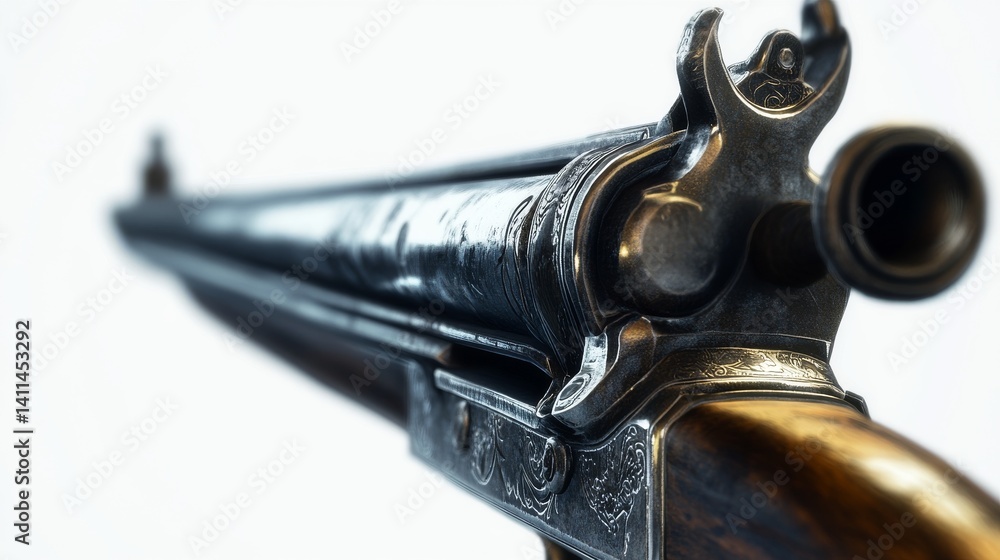 Naklejka premium A close-up view of an antique firearm showcasing intricate details. The craftsmanship tells a story of history and technology. Perfect for historical enthusiasts. Generative AI