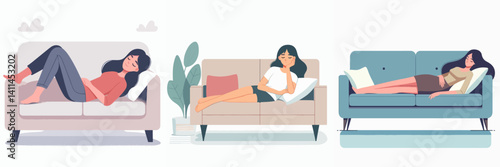 A vector collection of people relaxing on a sofa with various activities such as reading, using a laptop, and playing with a cellphone, reflecting a relaxed atmosphere at home.