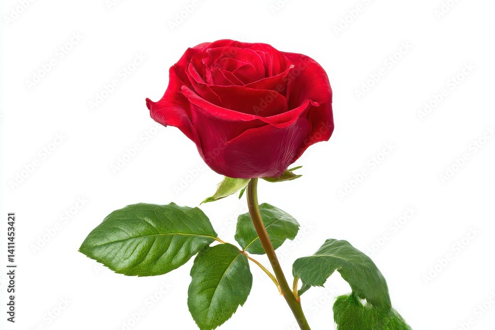 Fototapeta premium A single red rose with leaves isolated on white background
