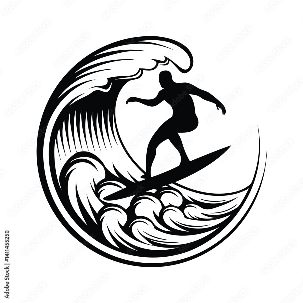 Black and White Silhouette Surfer Riding a Wave with Dynamic Water Details Black and White Silhouette Surfer Riding a Wave with Dynamic Water Details