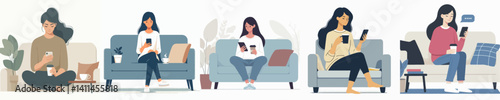 A vector collection of people relaxing on a sofa with various activities such as reading, using a laptop, and playing with a cellphone, reflecting a relaxed atmosphere at home.
