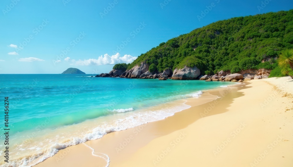 Serene beach, turquoise water laps golden sand against verdant hill , blue, ocean Serene beach, turquoise water laps golden sand against verdant hill , blue, ocean