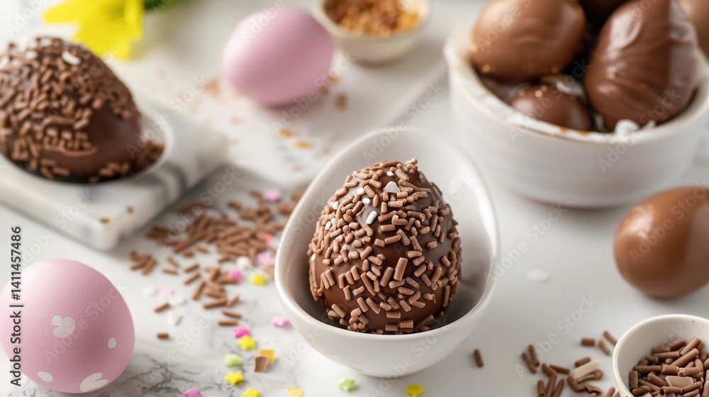 An inviting display of brigadeiro eggs is attractively presented. The brigadeiro eggs, a unique and eye - catching treat, are small, round, and resemble eggs in shape. An inviting display of brigadeiro eggs is attractively presented. The brigadeiro eggs, a unique and eye - catching treat, are small, round, and resemble eggs in shape.