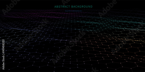 Abstract  background  hexagonal wavy grids on black. Technology concept virtual  data.  Banner for business, science and technology data analytics. Big Data.