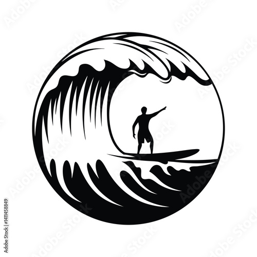 Black Silhouette of a Surfer Riding a Large, Stylized Ocean Wave Isolated Art
