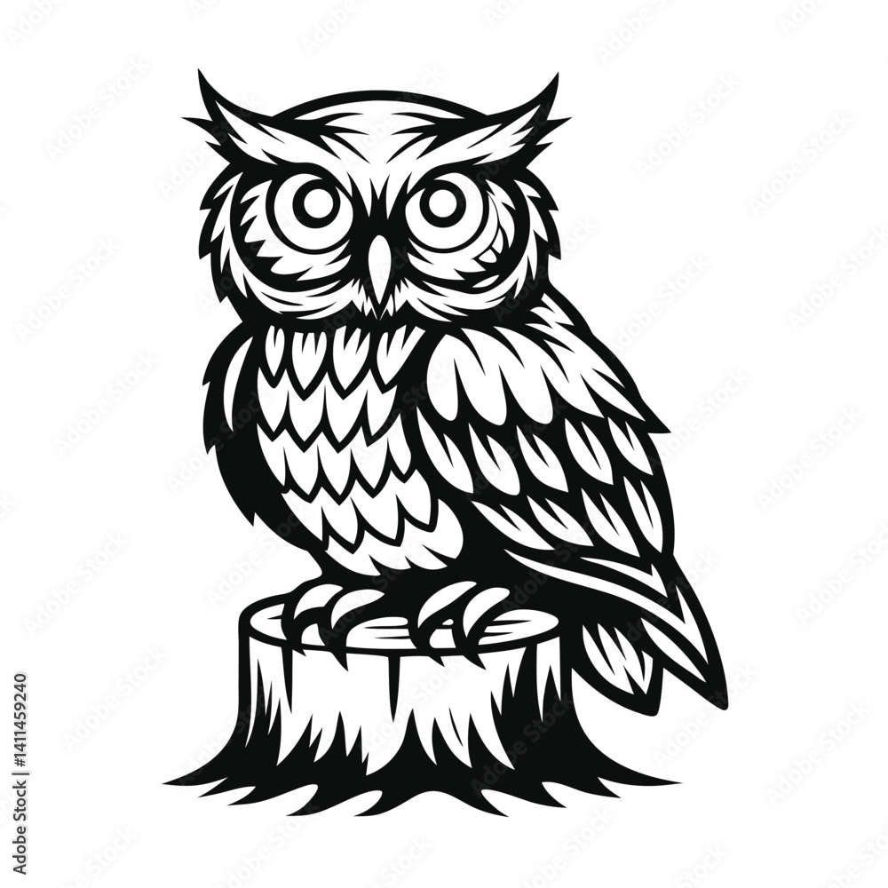 Fototapeta premium Black Silhouette of an Owl Perched Atop Tree Stump, Detailed Feather and Eye Design