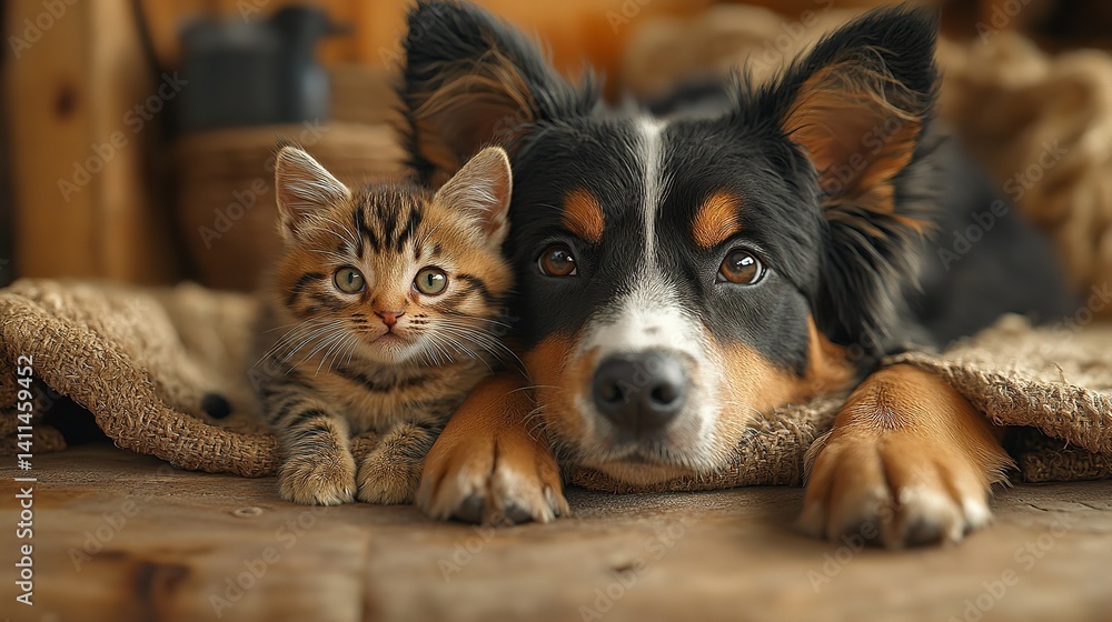 Adorable kitten snuggles with its best friend a loyal border collie resting on a rustic wooden Adorable kitten snuggles with its best friend a loyal border collie resting on a rustic wooden