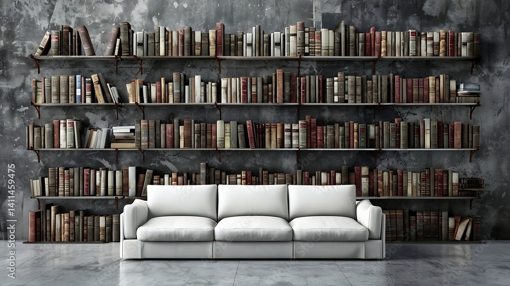 Inviting interior featuring a comfortable white sofa surrounded by a library ambiance Inviting interior featuring a comfortable white sofa surrounded by a library ambiance