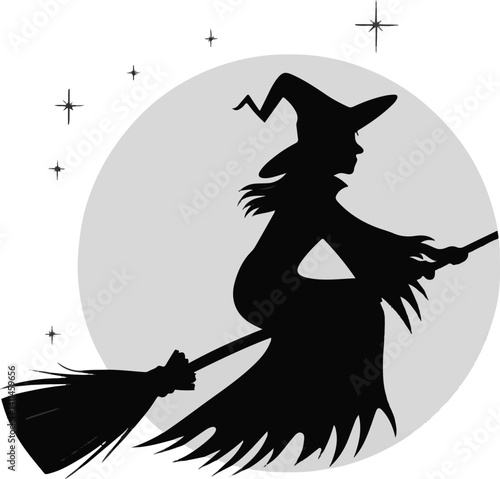 A black vector silhouette illustration shows a cartoon witch with flowing hair and a flower, flying on a broom across the night sky with the moon, perfect for Halloween holiday art.