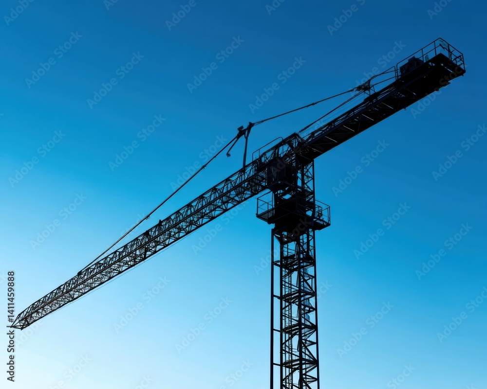 Tall crane silhouetted against a flawless blue sky, showcasing new construction progress - business city high Tall crane silhouetted against a flawless blue sky, showcasing new construction progress - business city high