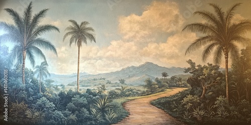 Wallpaper serene tropical landscape painting in pastel tones	
