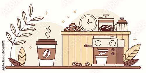 Coffee Shop Illustration Espresso Machine, Coffee Cup, and Cozy Autumn Vibes