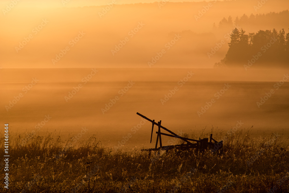 Fototapeta premium Landschaft mit umgestürzten Hochsitz mit abendlicher Sonnenuntergangsstimmung und Nebel