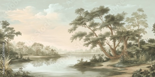 Wallpaper serene tropical landscape painting in pastel tones	
