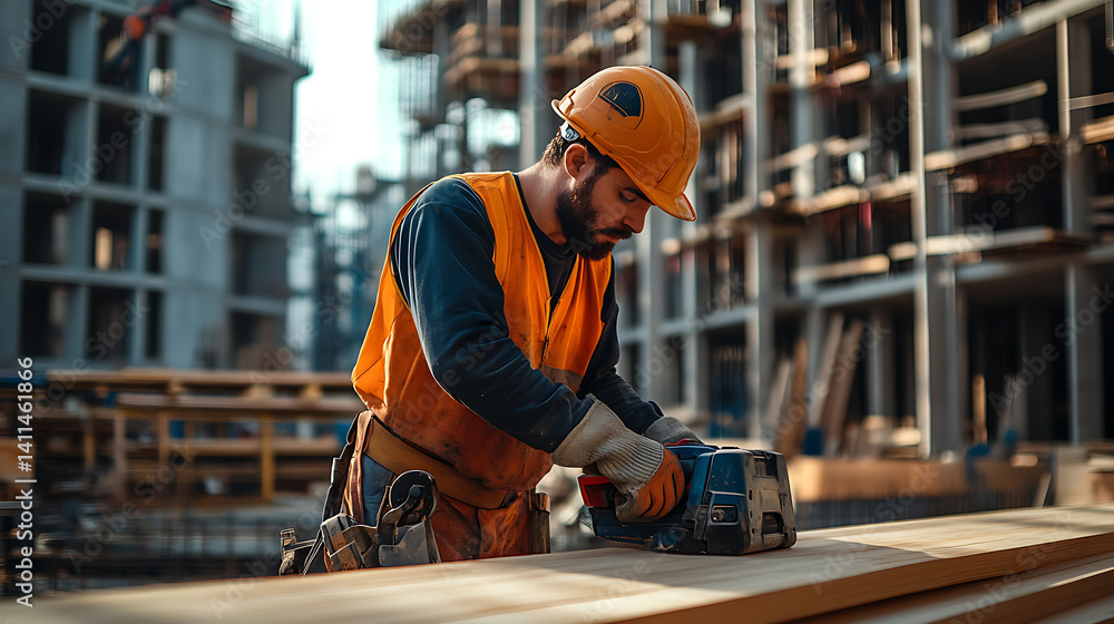 A construction worker working with a power saw at a building site. Featuring focus and skill A construction worker working with a power saw at a building site. Featuring focus and skill