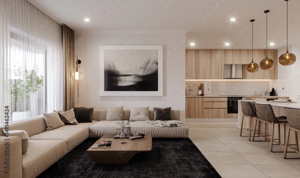 Fototapeta premium A modern living space with a kitchen and contemporary design