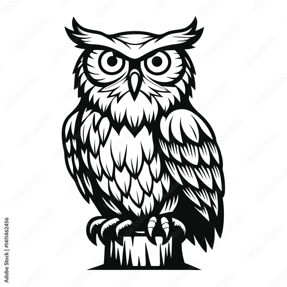 Detailed Owl Perched on Tree Stump, Monochromatic Silhouette Design, Bold Outline, Elegant Bird Detailed Owl Perched on Tree Stump, Monochromatic Silhouette Design, Bold Outline, Elegant Bird