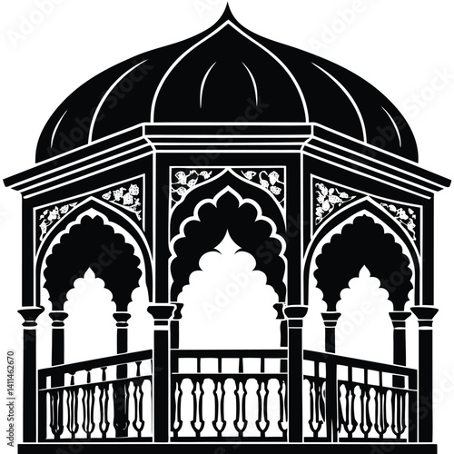 Ornate Black and White Gazebo Illustration: Detailed Vector Image of a Traditional Garden Structure with Intricate Architectural Design