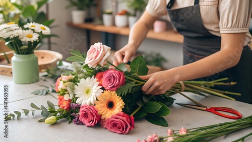 Close-up of a florist’s hands artfully arranging a vibrant bouquet. Ideal for floral design, event planning, and lifestyle content.
