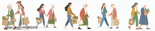 Vector collection of young women walking helping carrying grocery bags vegetables elderly women