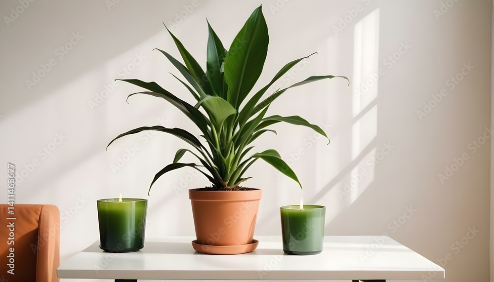 Black square frame mockup with a dracaena in a pot and a candle on a white table. Black square frame mockup with a dracaena in a pot and a candle on a white table.