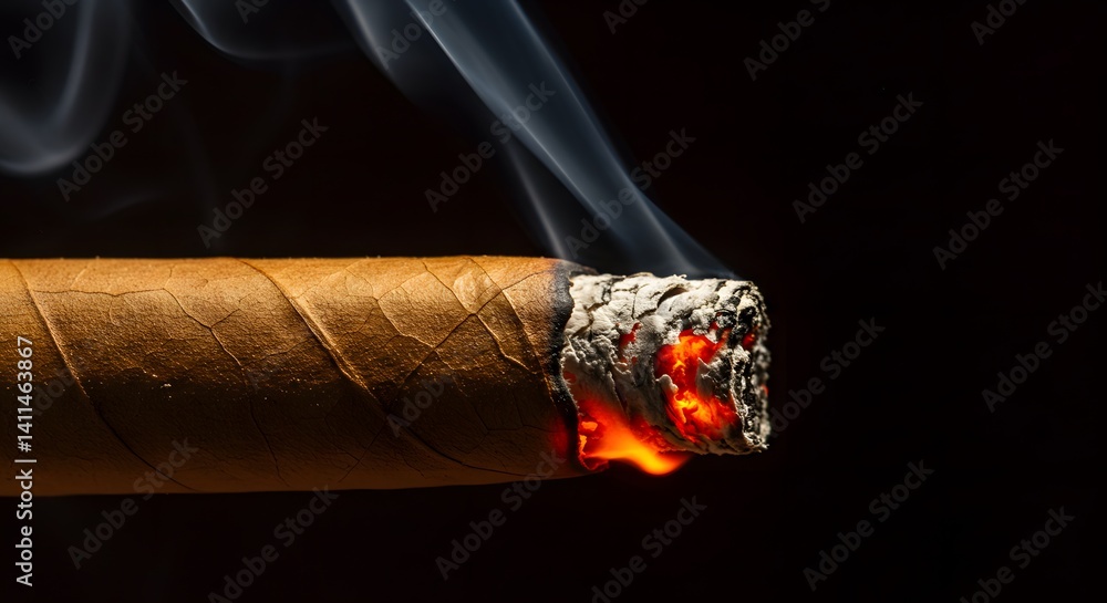 orange and red embers, ash, tobacco, burning cigar, glowing ember, wispy smoke, dark background