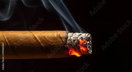 orange and red embers, ash, tobacco, burning cigar, glowing ember, wispy smoke, dark background