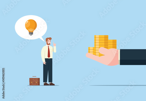 Businessman presenting an idea for a business. The reward for the idea. Man offers gold coins in exchange for creativity. Concept of using ideas to make money. Vector illustration.