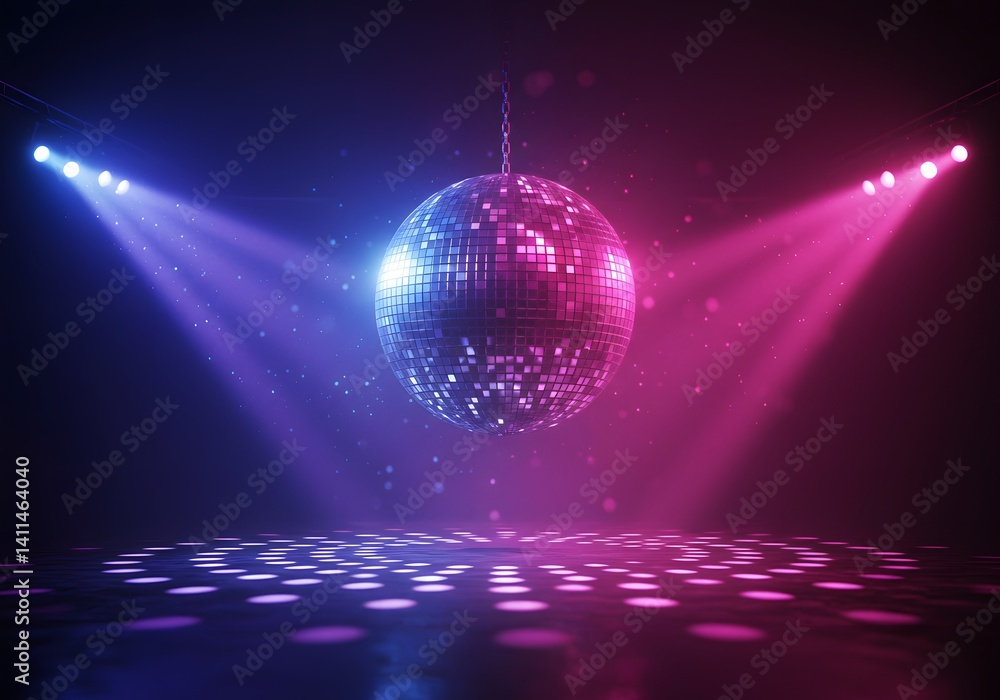 nightclub, dance floor, shimmering reflections, vibrant colors, purple and blue lighting, party lights, disco ball, mirror ball