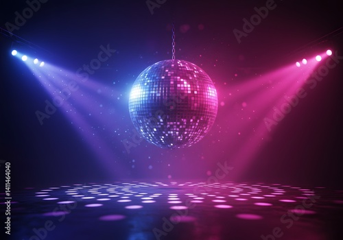 Obraz na płótnie nightclub, dance floor, shimmering reflections, vibrant colors, purple and blue lighting, party lights, disco ball, mirror ball w salonie