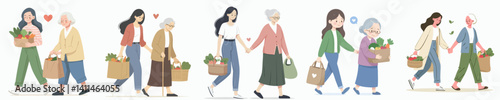 Vector collection of young women walking helping carrying grocery bags vegetables elderly women