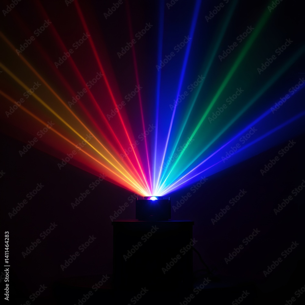 dark background, projector beam, prismatic colors, vivid light dispersion, optical refraction, RGB light, rgb spectrum light of projector, Colorful light projection, rainbow spectrum
