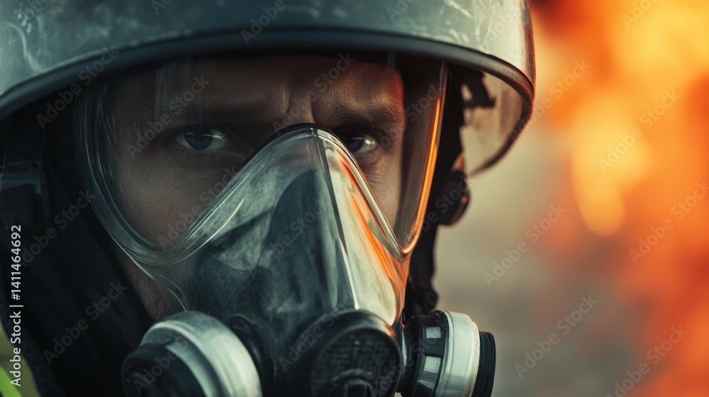 A firefighter adjusting oxygen mask before entering a burning building. Featuring bravery and urgency A firefighter adjusting oxygen mask before entering a burning building. Featuring bravery and urgency