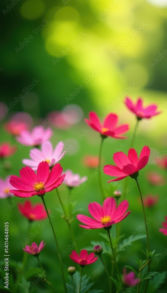 Bright cosmos flowers in a lush green spring meadow, pretty, purple, plants Bright cosmos flowers in a lush green spring meadow, pretty, purple, plants