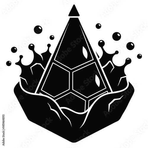 Black & White Pyramid Logo Design: Abstract Geometric Shape with Honeycomb Pattern, Splashes, and Bubbles - Vector Graphic Illustration