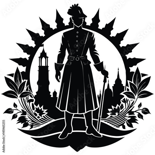 Silhouette Illustration: Colonial Gentleman with Cane, Cityscape Background, Vintage Style Art, Decorative Design