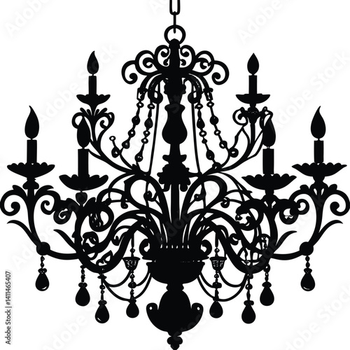 Elegant Black Chandelier Silhouette: Ornate Lighting Fixture Vector Graphic, Decorative Hanging Lamp Illustration, Vintage Style Design Element