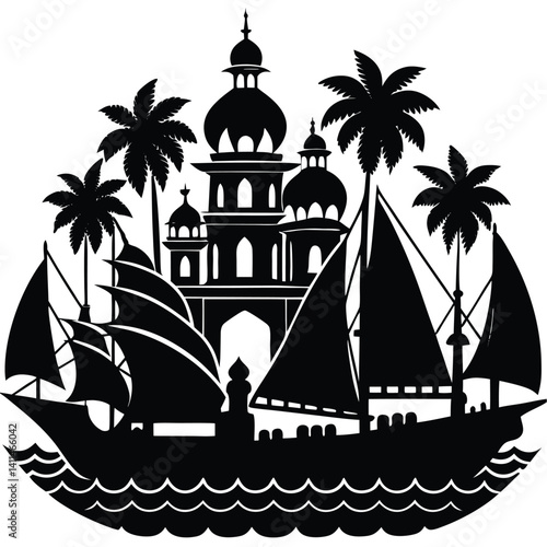 Black & White Silhouette of a Dhow Boat, Arabian Architecture, and Palm Trees: Middle Eastern Travel & Culture Illustration