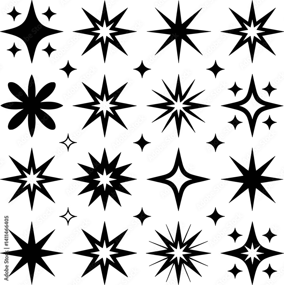 Collection Of Black And White Star Shapes And Floral Elements Collection Of Black And White Star Shapes And Floral Elements