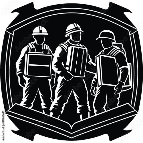 Construction Workers Graphic Illustration: Three Men in Hard Hats Carrying Boxes, Black and White Vector Image for Industry and Labor