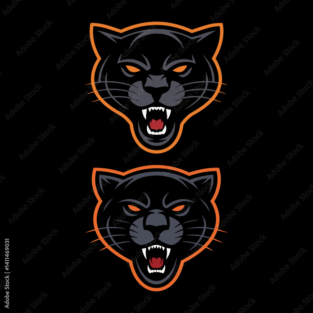 Pair of Fierce Black Panther or Big Cat Head Mascot Illustrations on Black Background Pair of Fierce Black Panther or Big Cat Head Mascot Illustrations on Black Background