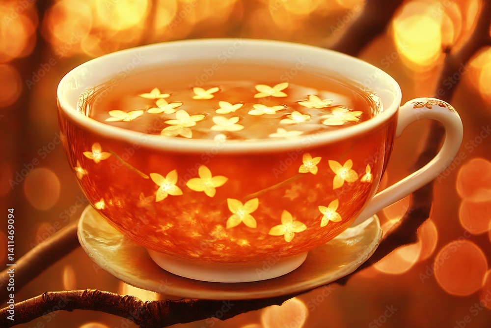Golden teacup with glowing floral patterns. Golden teacup with glowing floral patterns.