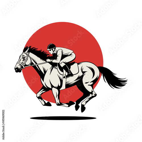 Dynamic Graphic Illustration of Racehorse and Jockey Galloping with Red Circle Background for Sport Event