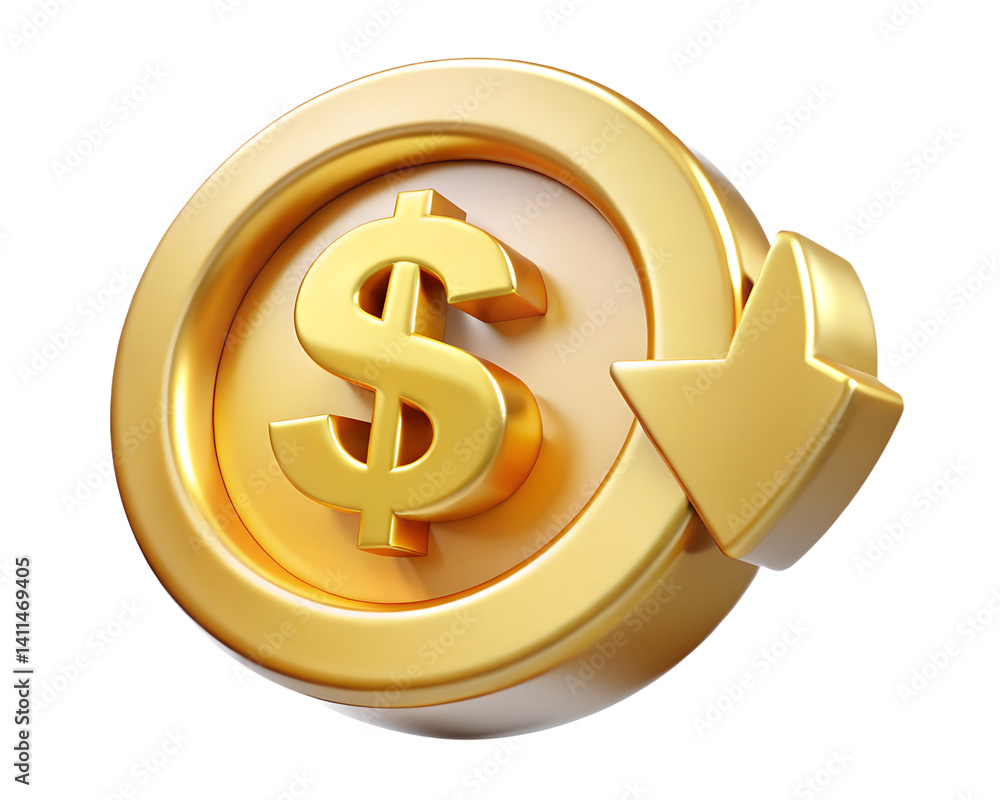 Obraz premium Golden Dollar Coin With Downward Arrow Representing Financial Loss Or Decrease