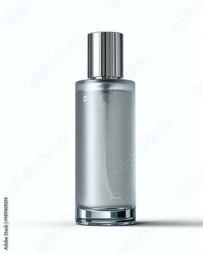 Elegant frosted glass bottle with shiny silver cap on white background, minimalist skincare bottle, high-end fragrance mockup, clean product packaging design


